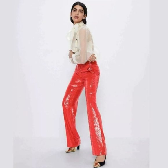 ZARA Red Sequin Pants - Picture 1 of 4